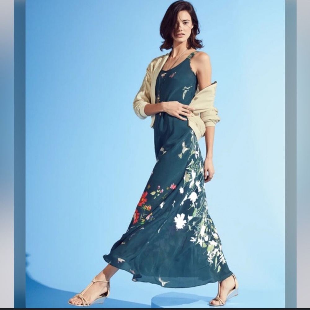 Johnny Was Silk Blend Floral Maxi Dress Boho Designer Blue Print Size XL Petite